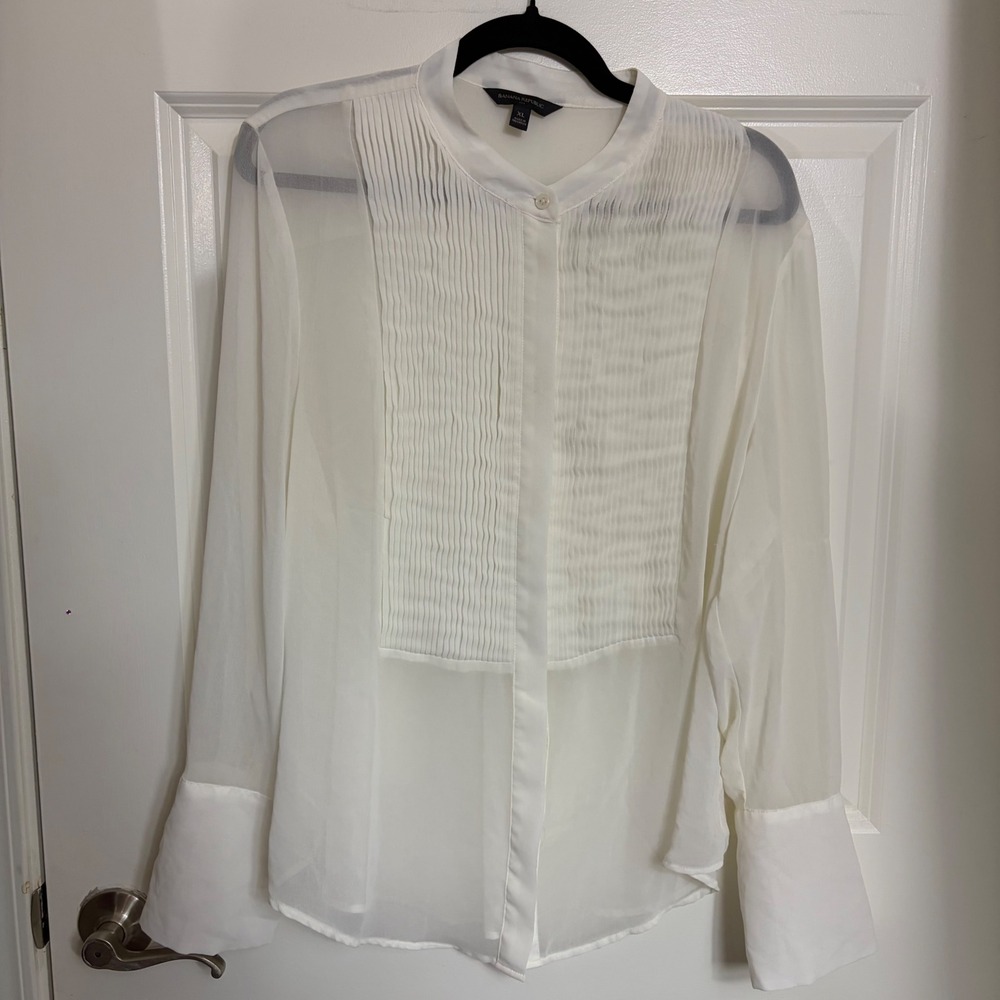 Banana Republic White Pleated Bib Sheer Blouse Wide Cuff Button Down XL
